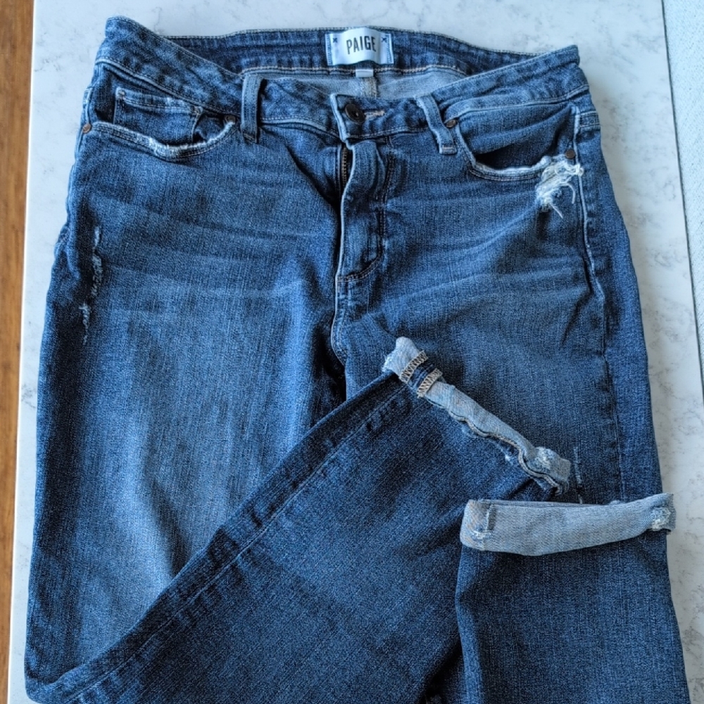 PAIGE Distressed Ankle Jeans in Dark Blue